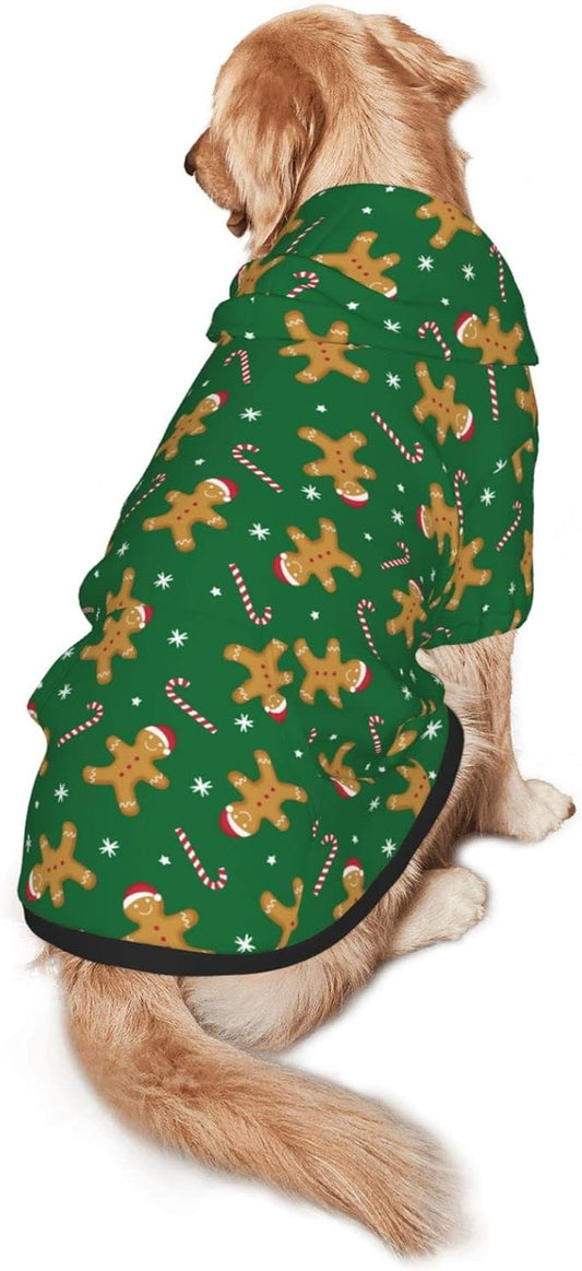Green Christmas Gingerbread Men Candies Hoodie,Christmas Cosplay Dog Clothes with Pocket and Hat Winter Clothes Sweaters X-Small