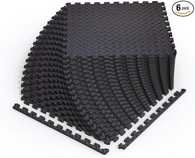 Norsk Foam Floor Gym Mats with Interlocking Tiles, .47" Thick, 24"x24",6-Pack, 24 Square Feet, Diamond Plate Design, Black