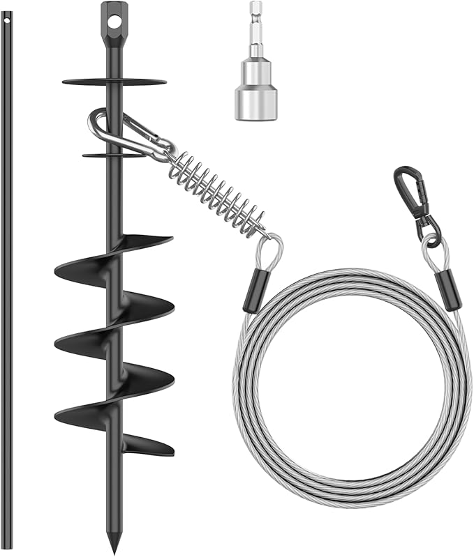 Heavy Duty 30FT Dog Tie Out Cable and Stake，360°Swivel Screw in Spike Auger Ground Stake Anchors for Large Medium Medium up to 220 lbs，Dog Outside Lead Cable for Yard, Lawn Beach, Camping