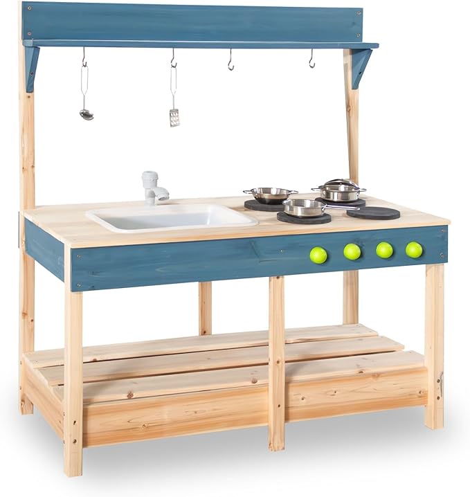 Mud Kitchen Playset for, Outdoor Wooden Toy Play Kitchen Set for Boys and Girls, Kitchen Accessories and Garden Sink with Faucet, Blackboard, Cookware Pot (Blue1)