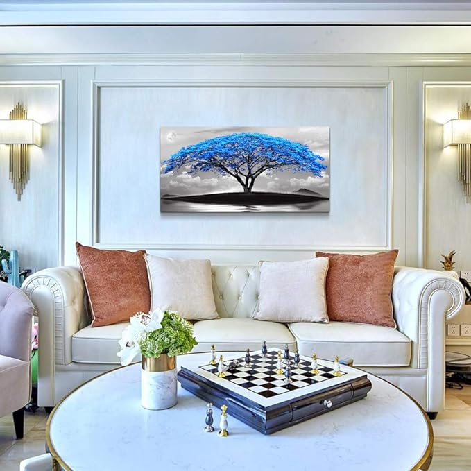 canvas wall art for living room bathroom Wall Decor Black and white landscape Blue tree moon painting to Hang Home Decorations for office bedroom kitchen Works canvas Prints pictures 24" x 48"inch