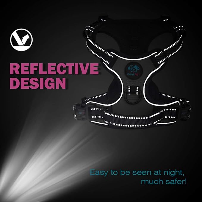 PHOEPET No Pull Dog Harness Reflective Adjustable with 2 Metal Leash Hooks and Soft Training Handle [Over The Head Design](S, Baby Blue)