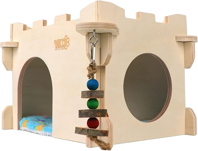 YKD Castle Chinchilla House - Small Animal Hideout for Chinchilla Guinea Pig Hedgehog, or Rat - Ventilated Wooden Guinea Pig Hut Habitat with Multiple Doors (Medium)