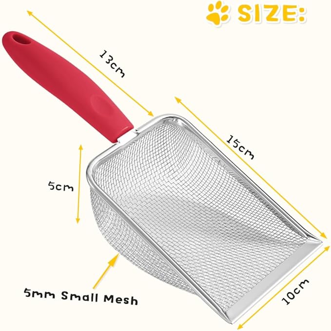 Cat Litter Scoop,Sturdy Litter Cleaner Corner Shovel,Stainless Steel Mesh Litter Shovel,Easy to Clean Reptile Terrarium Sand Waste,Beach Shovel(Red)