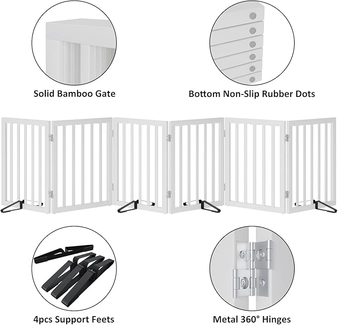 Wooden Dog Gate Freestanding Foldable 6 Panel Pet Gates Extra Wide Dog Gates for Indoor Doorways Stairs 24in Height Support Feet Included