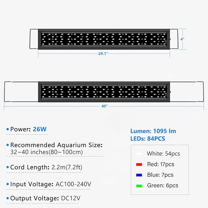 AQQA Full Spectrum Aquarium Light,Fish Tank Lights for Plant Growth Fish Viewing,3 Mode White Blue Red Green LED Beads,Timer,Adjustable Brightness,Extendable Brackets for Freshwater 26W for 32-40inch