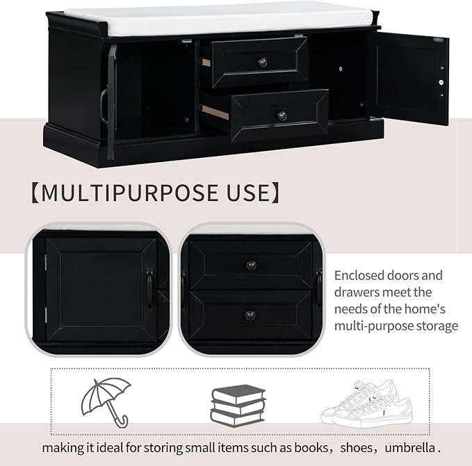 Storage Bench with 2 Drawers and 2 Cabinets, Pine Wood Shoe Bench with Removable Cushion for Living Room, Entryway 42.5" L x 15.9" W x 17.5" H (Black)