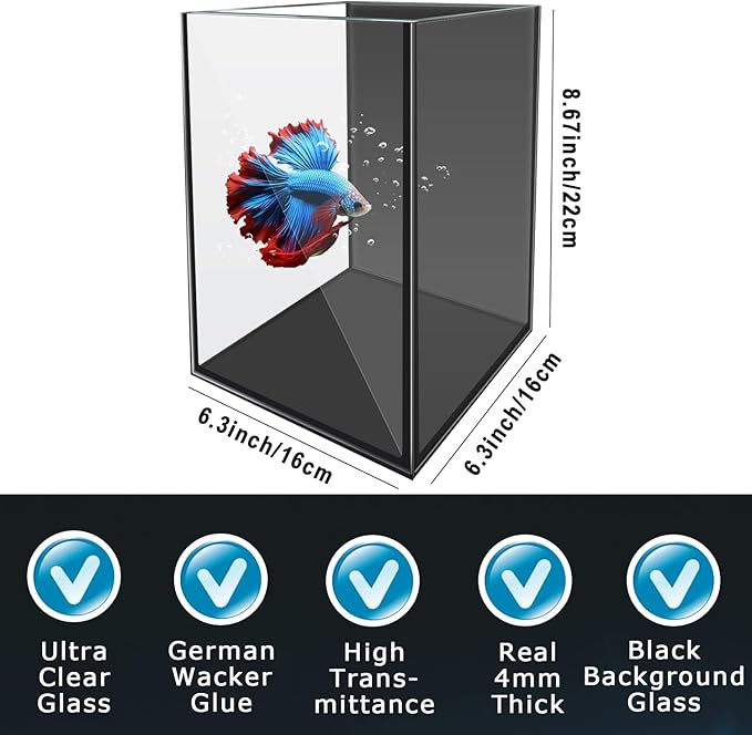 Glass Betta Aquarium Starter Kits 1.5 Gallon Small Fish Tank, Betta Fish Tank with LED Light, Power Filter, Black. 4mm Glass