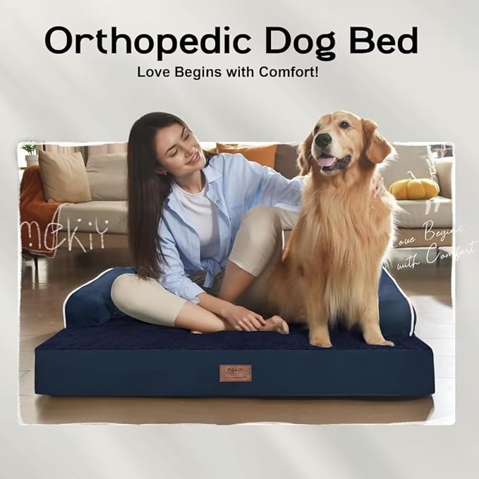 Large Dog Bed Orthopedic Washable | Beds Bolster Pet - XXL Large Big Dogs - Memory Foam - Couch Sofa - Waterproof with Removable Cover | Navy Blue Dog Bed