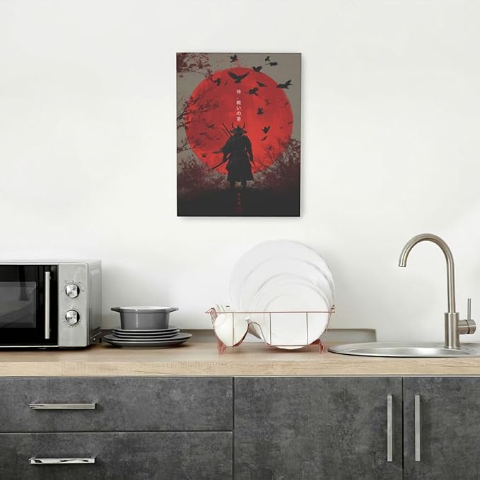Japanese Armored Samurai Wall Art Modern Japan Warrior Canvas Wall Decor Asian Oriental Bushido Pictures Painting Print Artwork Framed Decorations Gifts for Room Bedroom Office Living Room 12"x16"