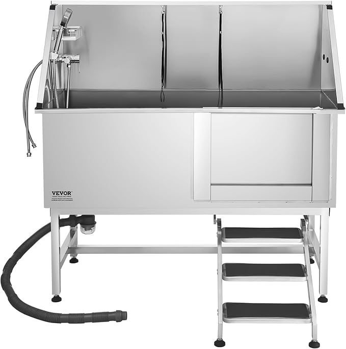 VEVOR Stainless Steel Dog Washing Station, 62 inch Pet Grooming Tub w/Stairs, PE Water Filter Board, Faucet & Showerhead & Soap Holder Dog Bathtub for Large & Medium & Small Pets (Right Door)