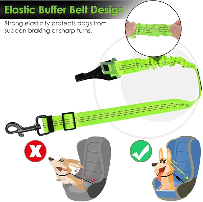 SlowTon Dog Seat Belt, Adjustable Dog Safety Belt Leash, 2 in 1 Latch Bar Attachment Dogs Car Seatbelt with Elastic Nylon Bungee Buffer, Reflective Nylon Belt Tether(VL,35.5in)