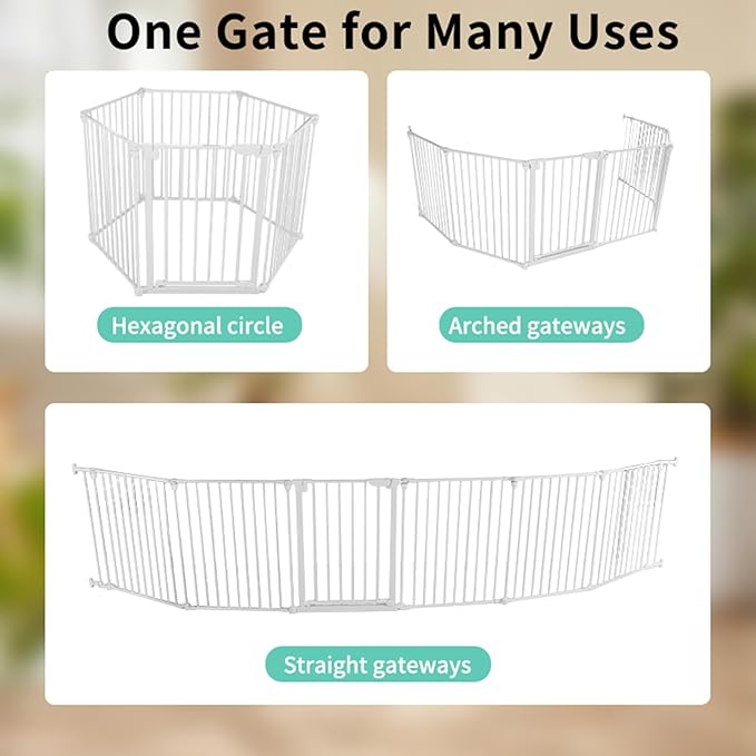 Extra Wide Baby Gate, 30" Tall 189" Wide Configurable Baby Gate Fireplace Safety Fence, Metal Pet Safety Playpen for Toddler/Pet/Dog Christmas Tree Fence (Whtie, 8-Panel)