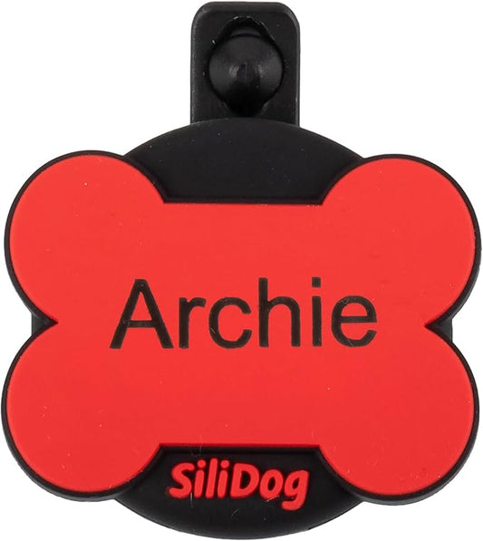 SiliDog AirTag Holder Silent Dog ID Tag – Personalized Engraved Silicone Pet Tag – Durable, Glow-in-The-Dark – Red Bone