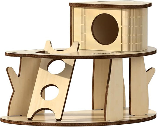 Wooden Hamster House with Ladder, 2-Tier Tree House Design Hamster Hideout Cage Accessories for Dwarf Gerbil Mouse