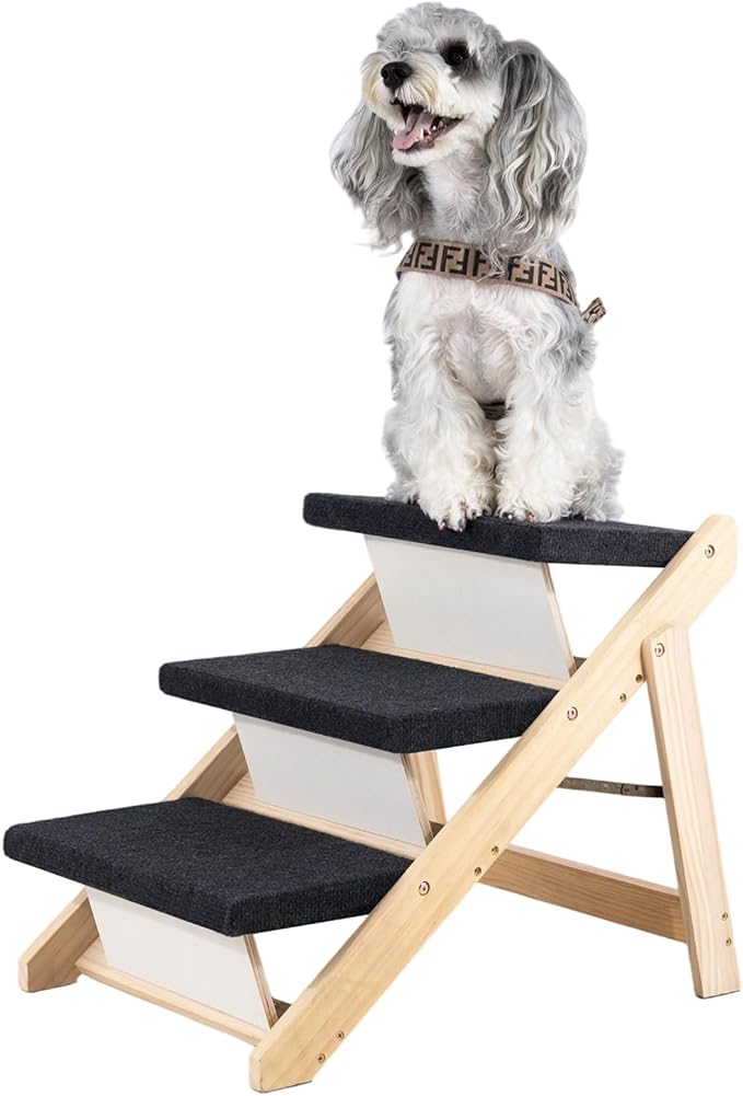 MEWANG Wood Pet Stairs & Ramp for Small/Medium Dogs and Cats, Aging Pets – 3-in-1 Foldable, Portable, Non-Slip Pet Ladder for Tall Beds, Couches,Cars–Holds Up to 220 lbs (24.8" L x 17.2" W x 19.5" H)
