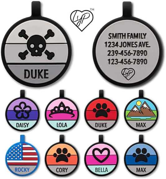 LYP Original Soundless Pet ID Tags | Custom Dog Tags Personalized for Pets | Durable Silicone Deep Engraved Dog Tag | No More Jingling | Skull & Crossbones