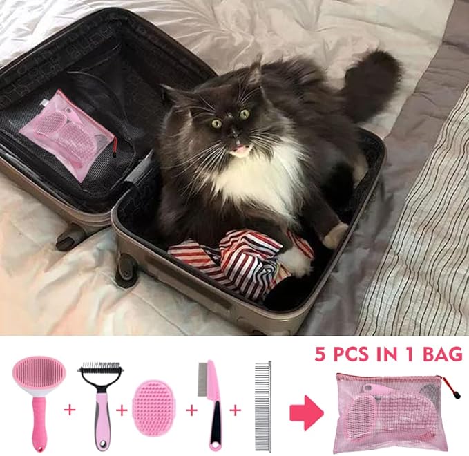 Dog Grooming Kit - Deshedding Brush for Short Hair, Slicker Brush, Flea Comb, Puppy Brush Set in Pink