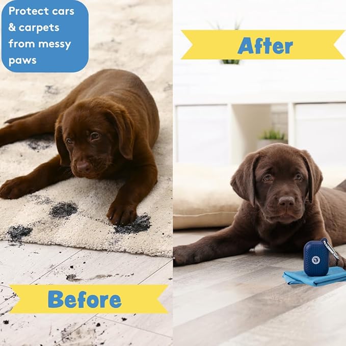 Sweet Paws Portable Dog Paw Towel, Lightweight & Super Absorbent Microfiber, Clips onto Leash, Quick Drying Towel for Dogs Paws with Silicone Case, Dry Dog’s Paws on The Go - Large - Newport Navy