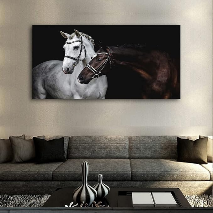 LK0650-Jiuqinghua Wall Art Canvas Print Picture White and Brown Horses 1 Panel Wild Animal Painting Artwork for Living Room Bedroom Office Home Wall Decor Stretched and Framed Ready to Hang