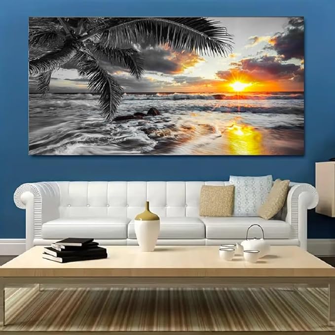 Yxbhhym-Beach Wall Art Black and White Ocean Pictures for Walls Sunrise Seascape Scenery Canvas Print Sunset Painting Palm Poster Sea Wave Artwork for Living Room Wall Art Bedroom Office Wall Décor