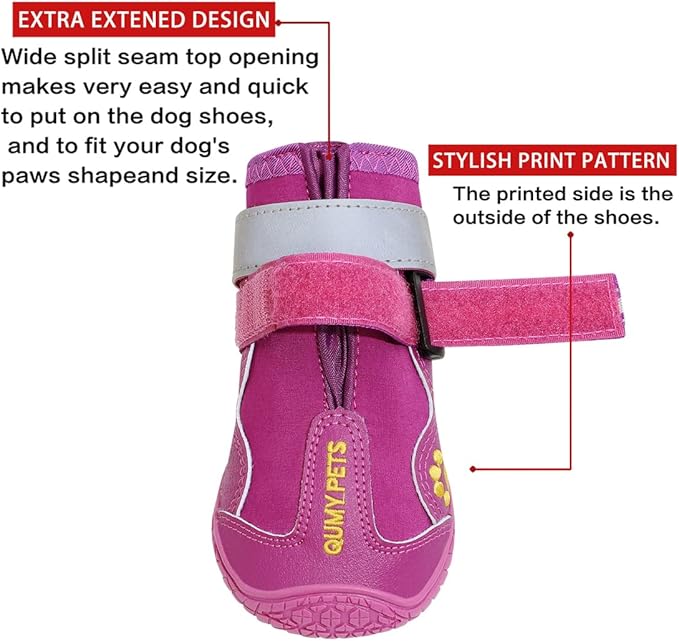 QUMY Dog Shoes for Large Dogs, Medium Dog Boots & Paw Protectors for Winter Snowy Day, Summer Hot Pavement, Waterproof in Rainy Weather, Outdoor Walking, Indoor Hardfloors Anti Slip Sole Purple Size 4