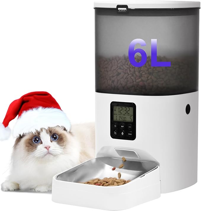 Automatic Cat Feeder, 6L Cat Food Dispenser with 10s Voice Recorder, Pet Feeder up to 8 Meals per Day, Timed Feeder with Dry Food Sealed Ring (Jade White, 6L)