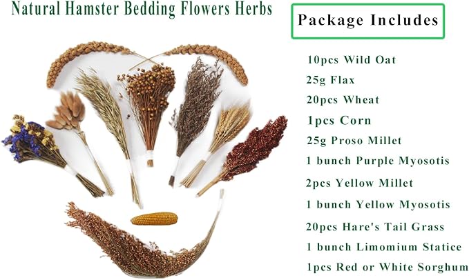 Natural Hamster Bedding - Flowers, Herbs, Sprays, Treat Cereal Grain for Cage Habitat Enclosure Decor - Hamster Chews for Dwarf Syrian Gerbils, Mice, Rat Forage - Pet Accessories