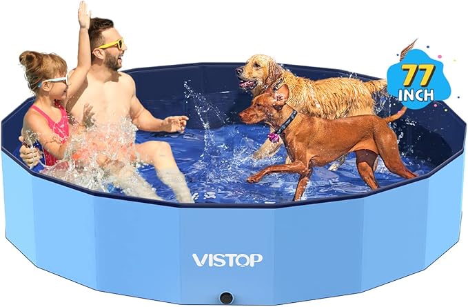 VISTOP Jumbo Foldable Dog Pool, Hard Plastic Shell Portable Swimming Pool for Dogs Cats and Kids Pet Puppy Bathing Tub Collapsible Kiddie Pool (77inch.D x 15.7inch.H, Blue)