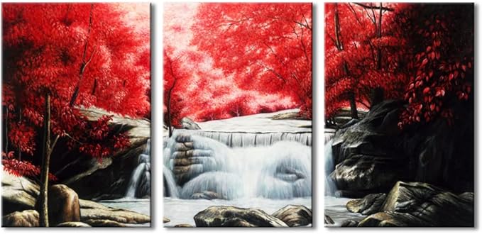 Wieco Art 3 Piece Red Forest Waterfalls Canvas Prints Wall Art for Living Bedroom Room Home Decorations Modern Gallery Wrapped Landscape Tree Oil Paintings Reproduction Pictures Artwork