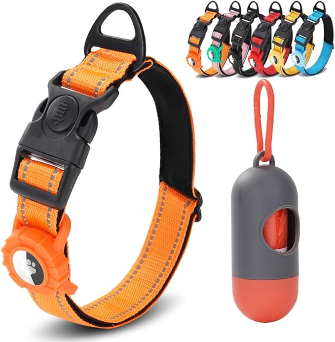 JSXD AirTag Dog Collar, Night Reflective Nylon Dog Collar for Small Medium Large Dogs,Lockable Quick Release Buckle,Padded Breathable Pet Collar with AirTag Holder (Orange, Medium)