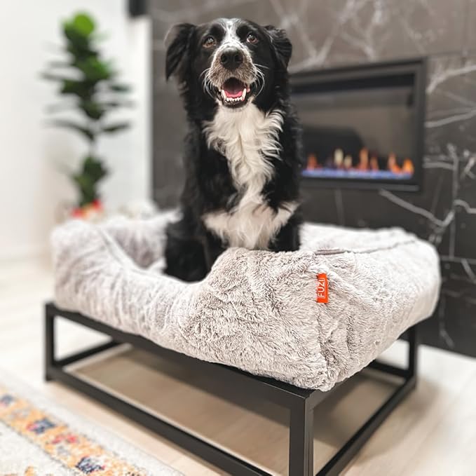 FUZI Luxury Aesthetic Dog Bed for Large Dogs with Washable Cover, Pet Couch, Pet Bed with Sides, Non-Slip Bottom, Soft and Durable Calming Dog Bed, Faux Fur Cover, Large 35.6x28.5x9.5 Light Grey