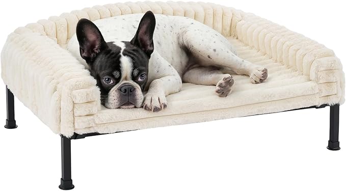 Veehoo Elevated Dog Bed with Bolster Cushion, Fluffy Plush Dog Couch Beds for Small Dogs, Cats, Washable Raised Pet Cot with Non-Slip Feet for Indoor or Patios Use, 24 x 18 Inches, White