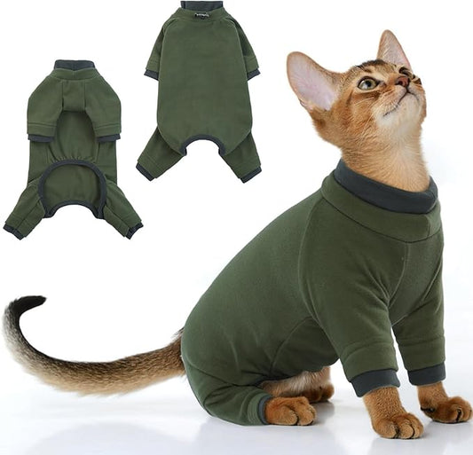 PUMYPOREITY Sticky Hair Cat Clothes, Prevent Loss Pajamas, Soft Sweaters for Cats Only, Onesie, Recovery Suit After Surgery, Green, M