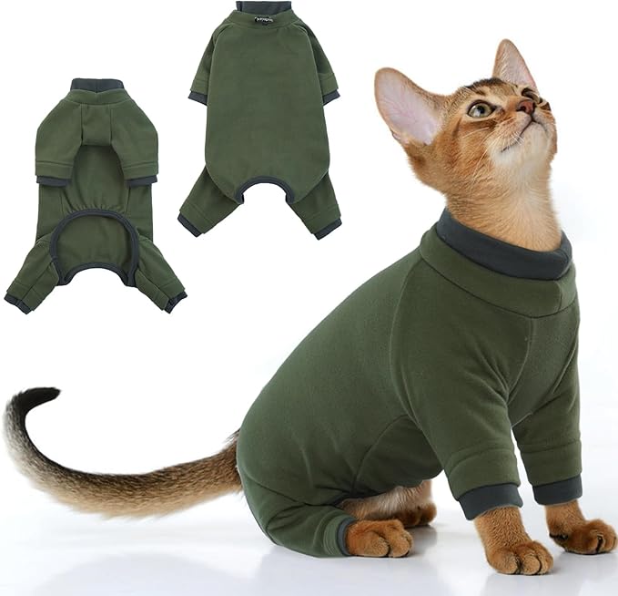 PUMYPOREITY Sticky Cat Clothes - Soft Cat Sweaters & Pajamas for Recovery & Hair Loss Prevention, Green, XS