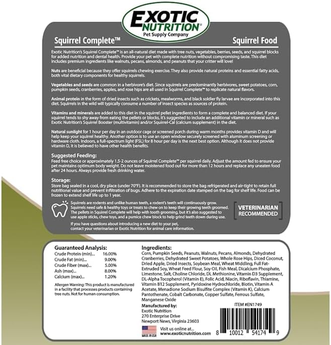 Squirrel Complete (1.75 lb.) - Healthy Natural Food - Nutritionally Complete Diet for Pet & Captive Squirrels - Ground, Grey, and Flying Squirrels, & Chipmunks