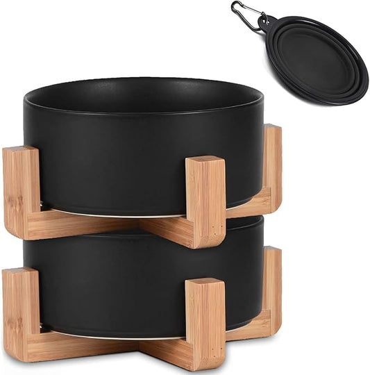 Petygooing Ceramic Black Cat Dog Bowl Set with Stand,Pet Food and Water Dish,Medium Pet Bowls Anti-Slip Set of 2 Cat Bowls-Pet Food Dishes- Small Medium Size Dog (28 OZ /3.6 Cups)