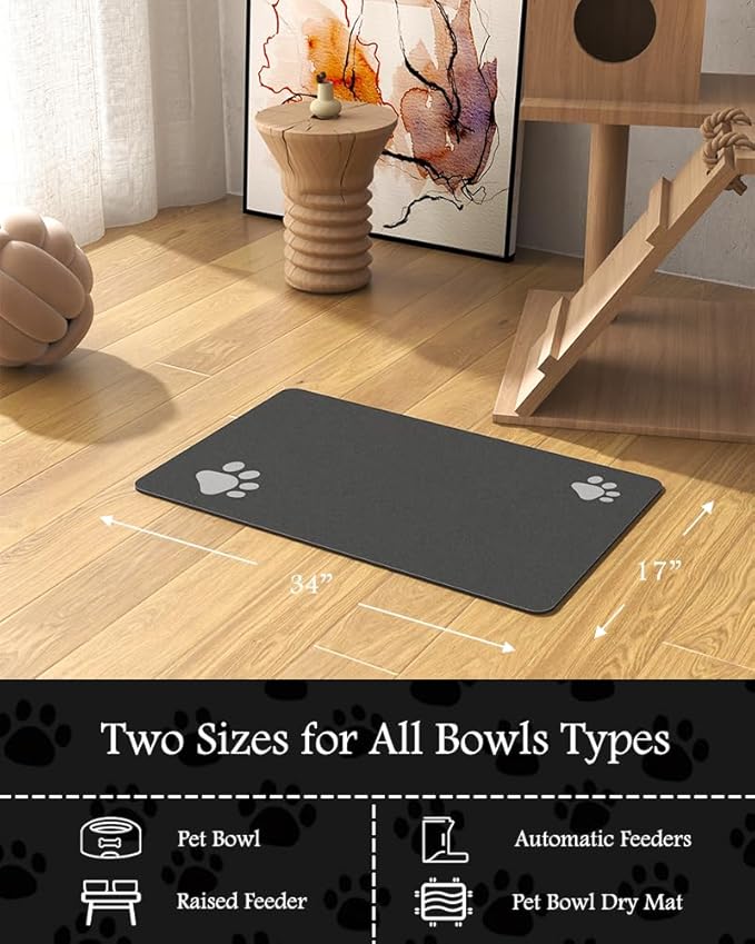 Pet Feeding Mat-Absorbent Dog Mat for Food and Water Bowl-No Stains Quick Dry Water Dispenser Mat-Dog Accessories Pet Supplies-Bowl for Messy Drinkers（Darkgrey,17"x34"