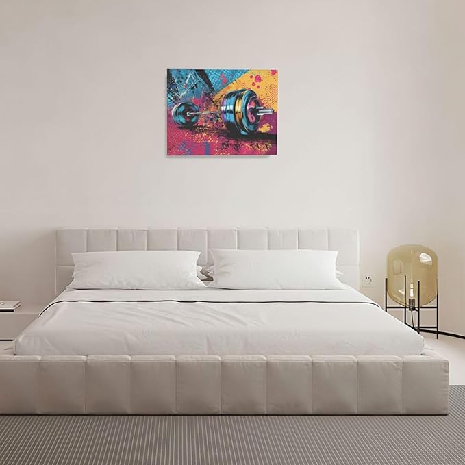 Gym Wall Art Weightlifting Fitness Canvas Wall Decor Barbell Sports Training Pictures Painting Banksy Street Graffiti Print Artwork Framed Decorations Gifts for Sports Lovers Gym Living Room Bedroom 16"x20"