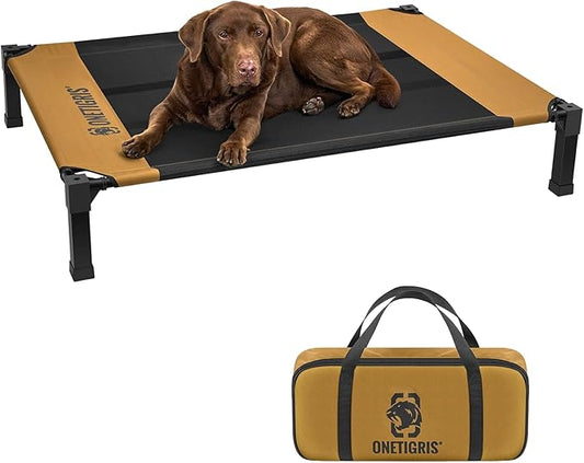 ONETIGRIS Elevated Dog Cot, Raised Bed for Medium Large Dogs Indoor Outdoor Cooling Elevated Dog Beds with Breathable Teslin Mesh and No-Slip Feet (Brown, Large)