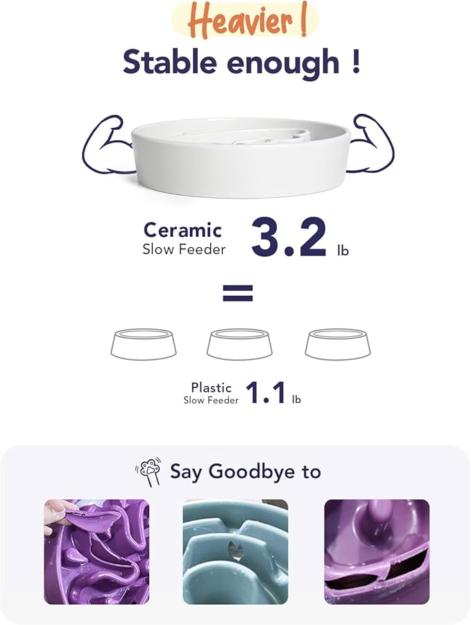 LE TAUCI Dog Bowls Slow Feeder Ceramic, 1.5 Cups Slow Feeding Dog Bowl Small Medium Breed, Puppy Bowl for Fast Eaters,Angel White