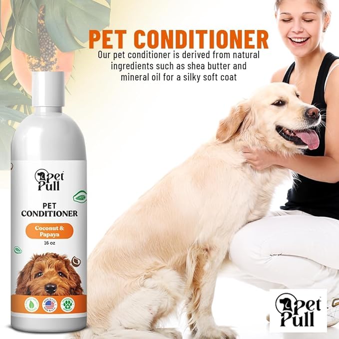 Dog Conditioner Puppy Essentials - Moisturizing Conditioner for Dogs with Coconut and Papaya Scent - Plant Based Dog Bath Supplies Detangle and Revive Pet's Coat - Made in USA (16 Oz)