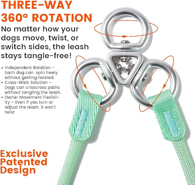 Howgo Double Slip Leash Slip Lead | Dual Dog Lead for 2 Dogs,360° Swivel No Tangle | Dog Training Nylon Leash and Collar | Double Clip Coupler and Splitter | Lightweight Aluminum (MintGreen, 3FT)