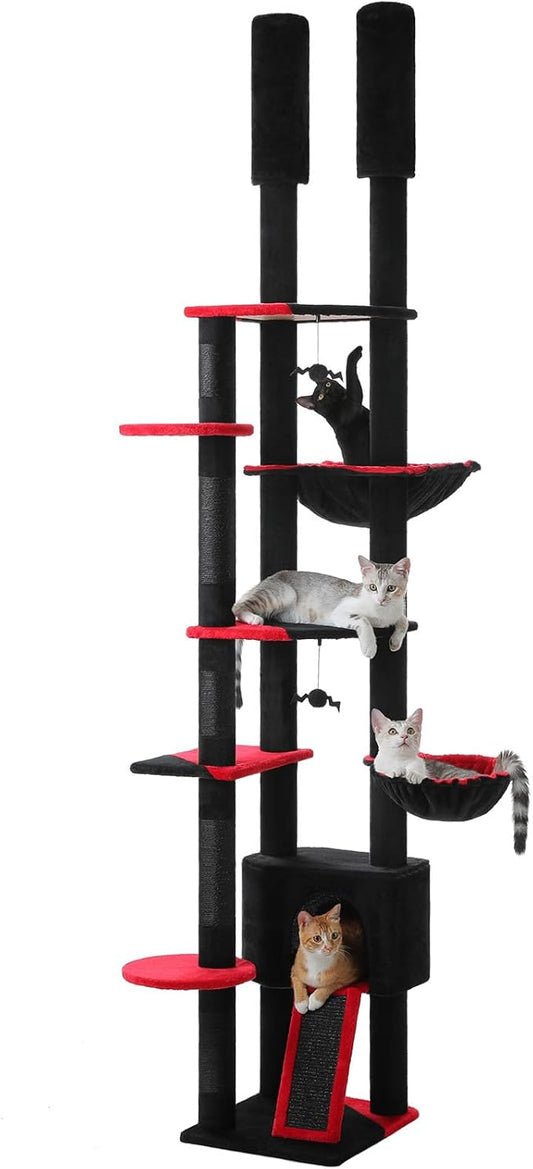 PEQULTI Tall Cat Tree, Floor to Ceiling Cat Tree Tower Adjustable [90.5''-100.4''=230-252CM] with Cat Condo, Hammock and Scratching Post, Gothic Cat Climbing Tree for Indoor Large Cats, Black