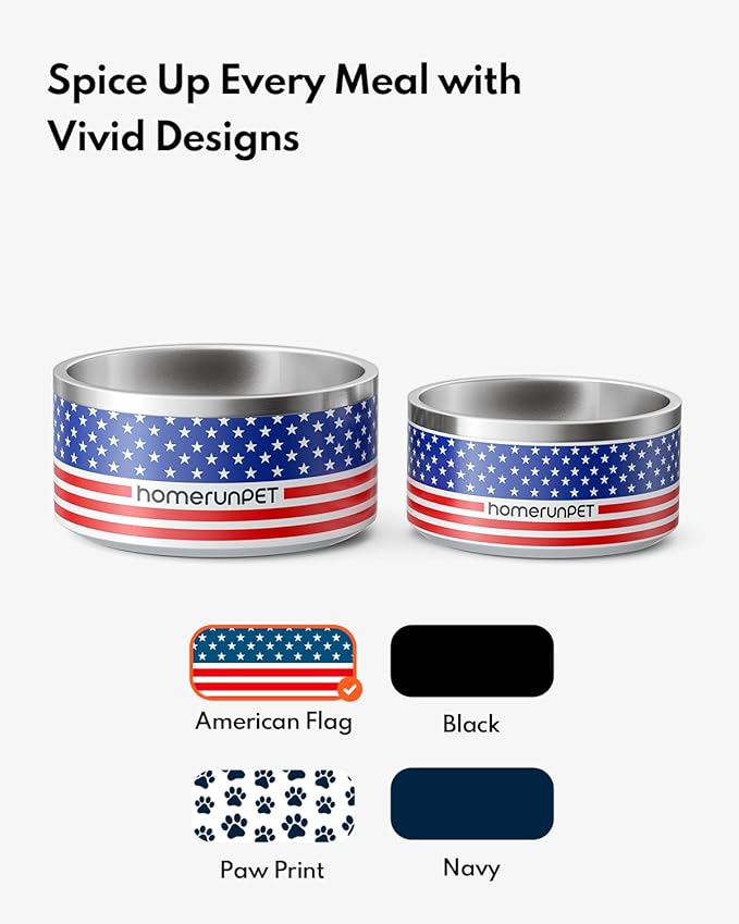 Homerunpet Double Wall Stainless Steel Dog Bowls, Non-Slip Base, Dishwasher Safe, Durable Pet Food & Water Bowl for Dogs & Cats(32oz, American Flag)
