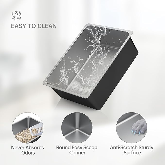 Ohtomber Stainless Steel Litter Box - Large Metal Cat Litter Box Pan High Sided, Never Absorbs Smell, Easy to Clean Non Stick Litterbox Tray Toilet Pet Supplies for Indoor Big and Small Cats, Kitten