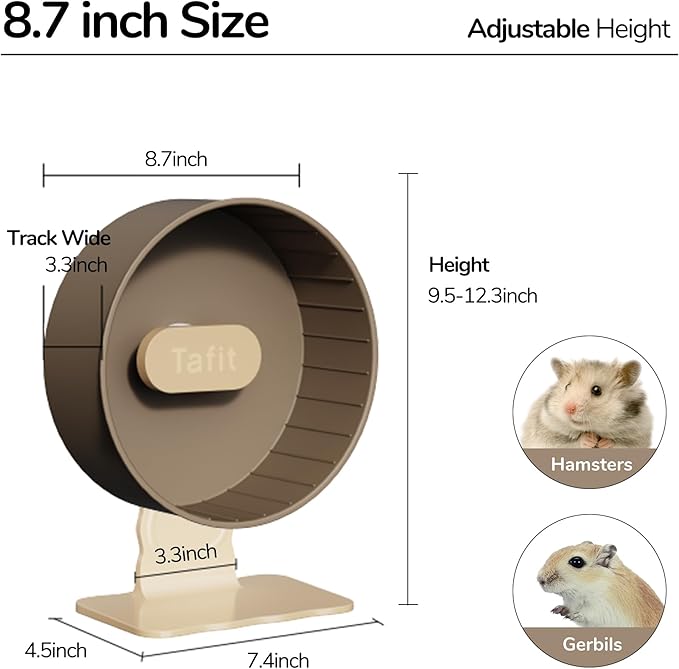 Silent Hamster Wheel 8.7 Inch Dual-Bearings Small Animals Quiet Running Exercise Wheels, Height Adjustable for Dwarf Hamsters, Gerbils, Mice, Hedgehog, Lemmings, or Other Small Pets,Nut Brown