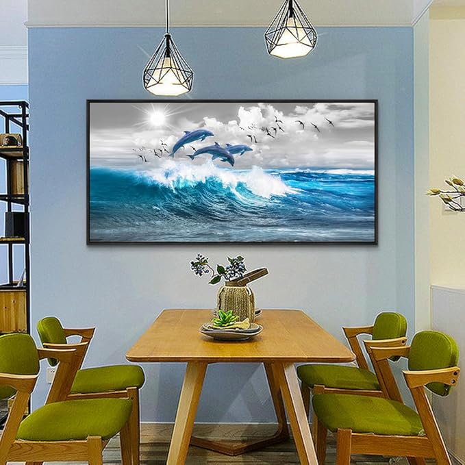 Wapluam Large Wall Art For Living Room Wall Decorations For Bedroom Blue Waves Of The Sea Wall Pictures Artwork Modern Office Dolphins Canvas Print Wall Paintings Black Framed Home Decor Poster