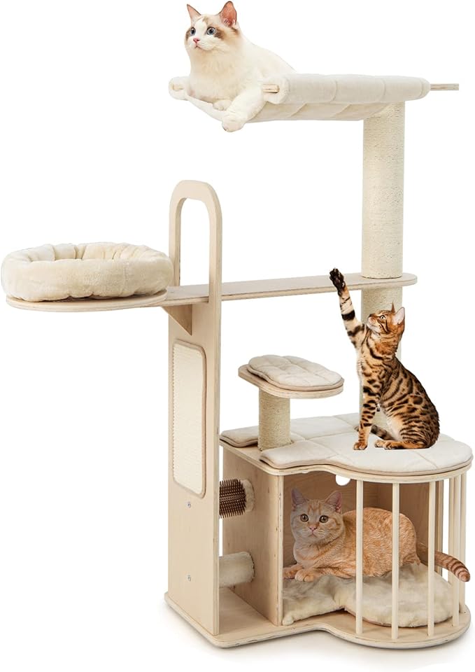 Tangkula Wood Cat Tree for Indoor Cats, 55 Inch Multi-Level Cat Tower Activity Center with Hammock, Cat Condo, Sisal Scratching Posts & Washable Cushions, Modern Cat Tree Houses for Large Cats