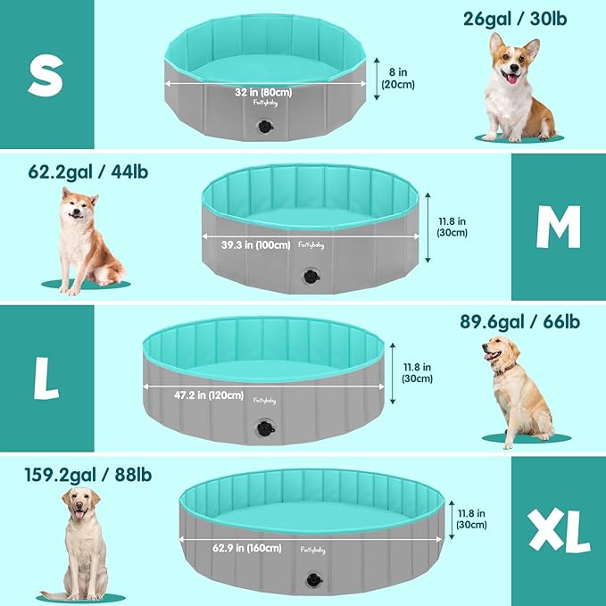 Furrybaby Dog Pool, Kiddie Pool with Hard Plate Collapsible Pet Bath Foldable Swimming Pet Pool Portable Grey 39''